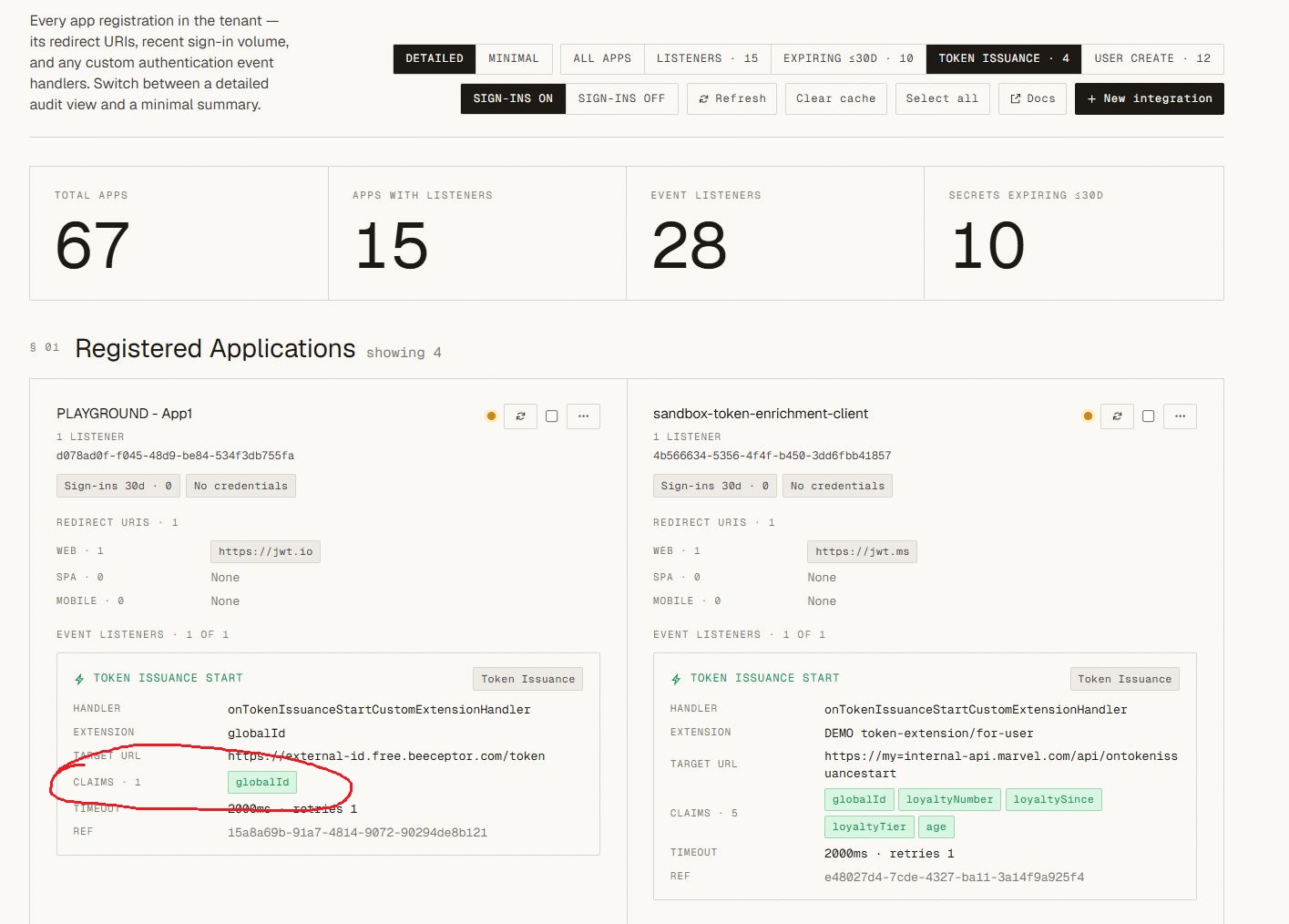 Token enrichment per application — claims details